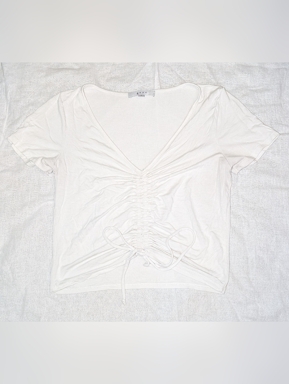 gaze White V-Neck Ruched Drawstring Crop Top